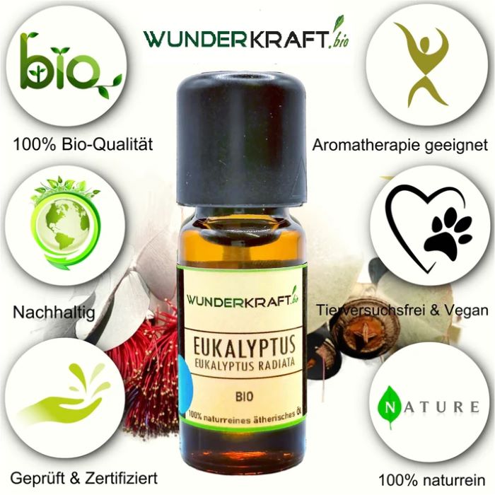 Entdecken Sie die natürliche Kraft des ätherischen Eukalyptusöls! 100% naturrein und laborgeprüft für Aromatherapie, Hautpflege und Entspannung. Vielseitige Anwendungen für Mensch und Tier. Überzeugen Sie sich selbst von der Wirkung! Jetzt bestellen und die Natur in Ihr Zuhause holen.